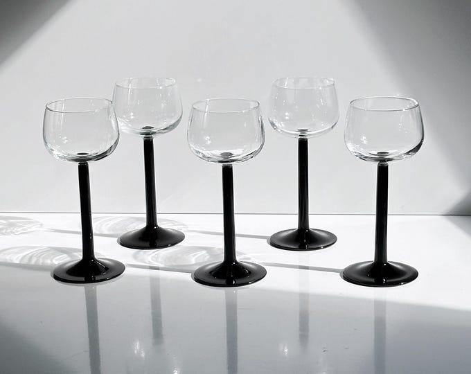 5 Vintage Luminarc Wine Glasses Römer Black Domino 80s White Wine Red Wine Black Goblet Chalice Art Deco Revival Postmodern