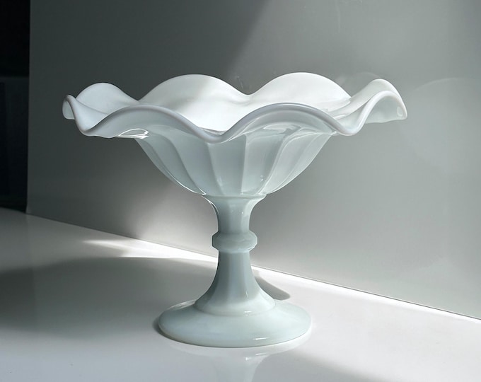 Vintage Opaline Glass Footed Bowl Bonbonniere Opal Glass Wave Edge Fruit Bowl White Italy