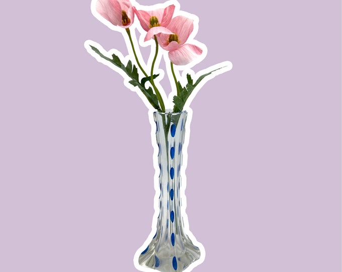 Vintage Art Deco Glass Flower Vase Cut Blue Dots Overlay Crystal Orchid Vase Orchid Tall Narrow Thin Solifleur Art Nouveau