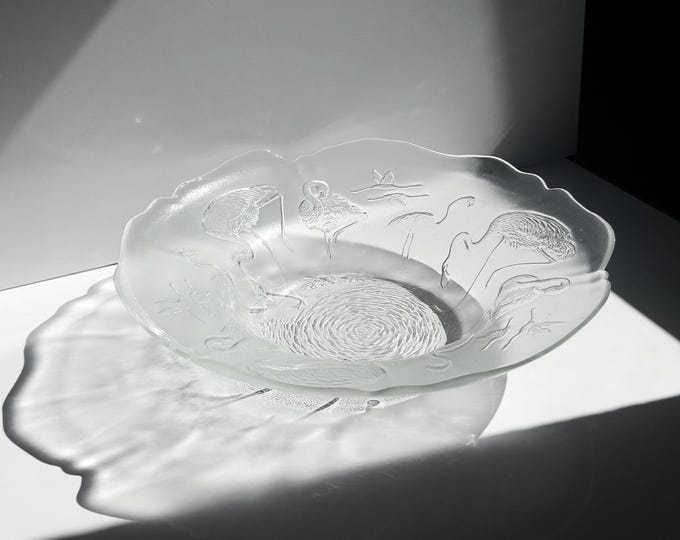 Vintage glass bowl, flamingo design, 1980s Walther glass fruit bowl, serving dish