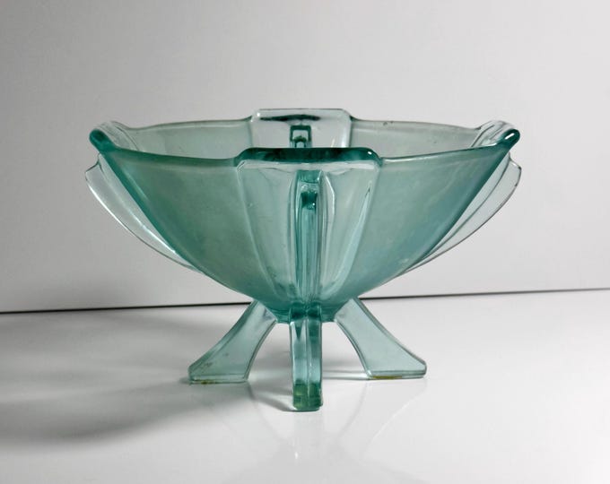 Vintage Art Deco footed bowl, Stölzle, turquoise, water green, aqua glass, 1930s, Austria