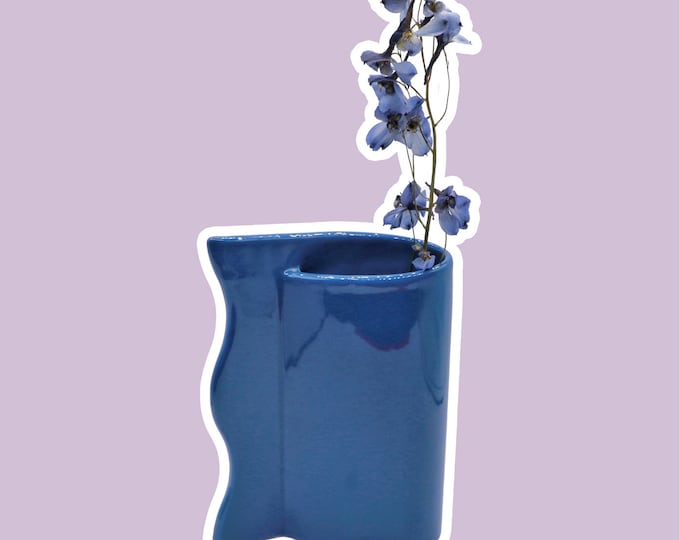 Vintage Blue ASA Vase Blumenvase Keramik Memphis Milano 90s 1990 1990s Germany Swirl Zig Zack Ultramarine Cobalt Blue Postmodern