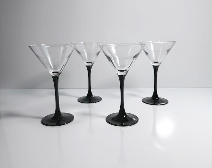 4 Vintage Martini Glasses Black Domino Luminarc Onyx Sparkling Wine Bowls Goblet Chalice Minimalist 80s Art Deco Revival France
