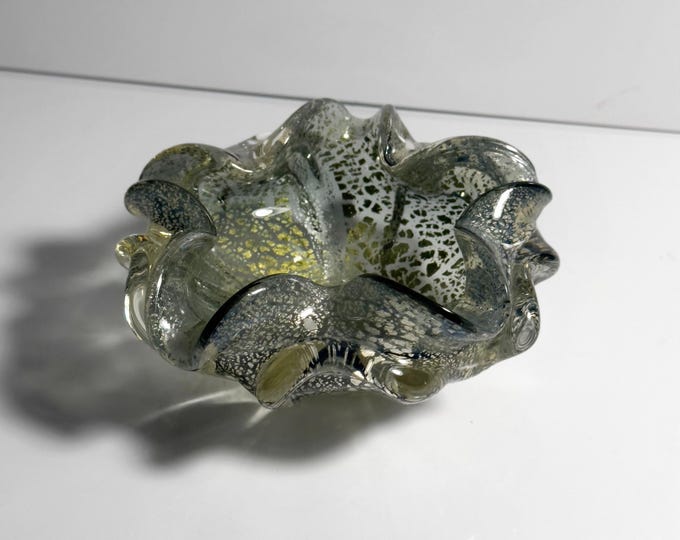 Barovier Toso Murano Ashtray Silver Leaf Silver Particle Flavio Poli Style Glass Mid Century Modern Italy