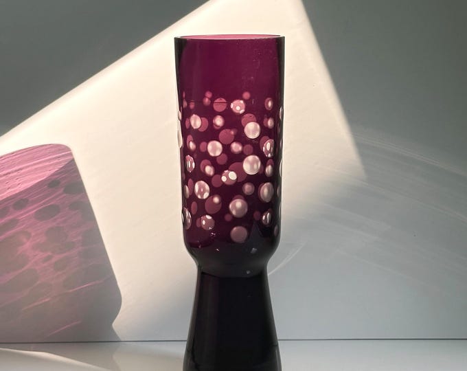 Vintage Bohemian Glass Flower Vase Overlay Crystal Dots Circles Amethyst Violet Aubergine Purple Brutalist Mid Century Modernist 1970
