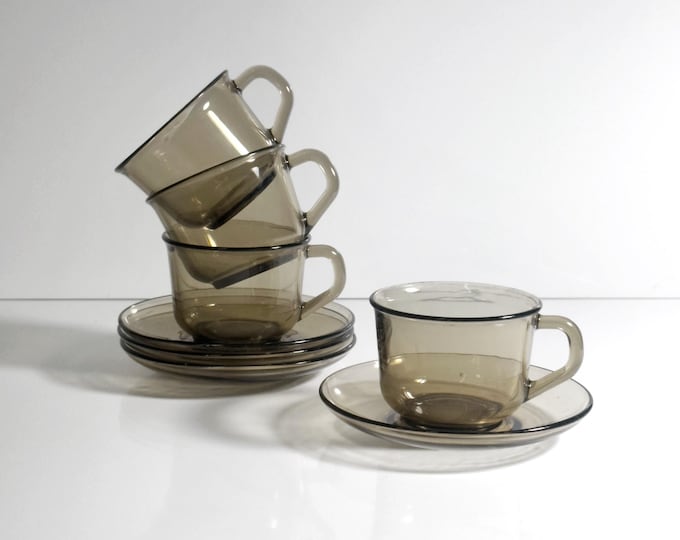 4x Vintage Arcoroc Mug Smoked Glass Grey Green France Set 80s 90s Luminarc