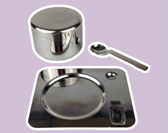 Vintage Metal Sugar Container Brutalist Style Stainless Steel Italy Inox Bonbonniere Tray Spoon