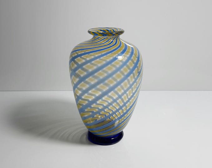 Vintage Murano Swirl Vase Fratelli Toso Blue Yellow Glass Stripe Glass Venice Tonelli Mid Century Vase 1950s