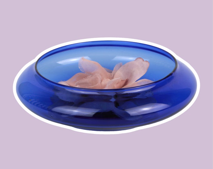 Small Vintage 90s 80s Cobalt Blue Glass Vase Bowl Circle Round Ball Flower Vase Lantern Y2K