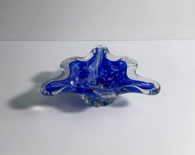 Vintage Murano Ashtray Ultramarine Cobalt Blue Speckles Triangle 70s Bowl 1970 Italy