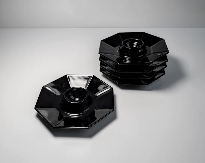 6 Egg Cup Plates Arcoroc Octime Black Glass France Set 80s 90s Luminarc France Art Deco Revival