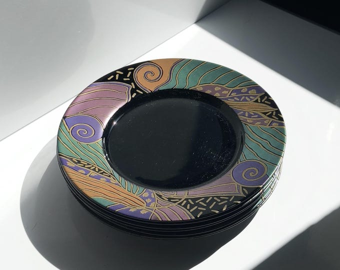 6x Vintage Arcoroc Dinner Plates Black Shells Gold Violet France Set 80s 90s Luminarc