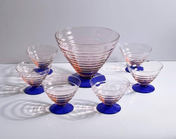 Art Deco Bowl Set Dessert Bowl Italy Empoli 1930s 40s Cobalt Blue Rosalin Ice Cream Cup Glass Vintage 1980s