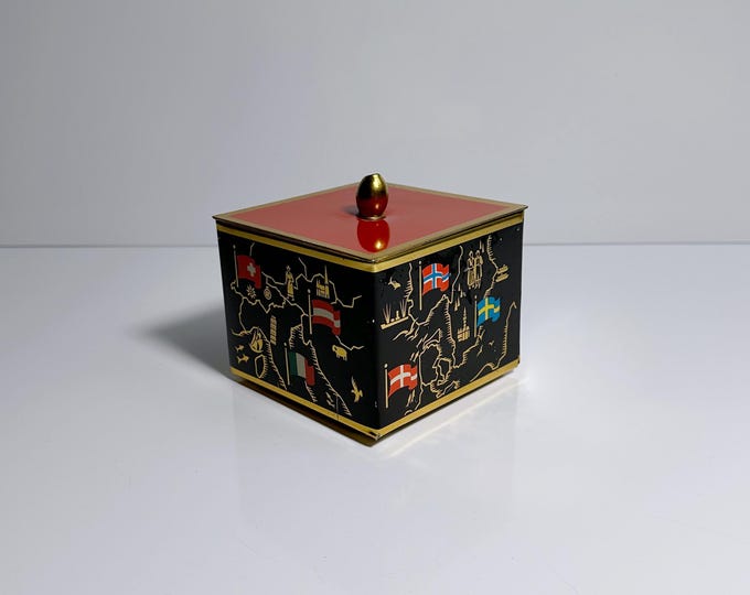 Vintage Metal Candy Dish Lidded Tin Mid Century Asian Mid Century Black Orange Red Europe Flags Gold Cadmium Tin Storage