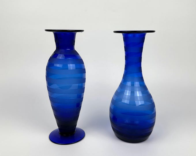 Vases Set Cobalt Blue Stripes Swirl Postmodern 90s Vintage Frosted Satin Y2K