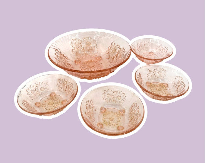 Vintage Set Rosalin Glass Compote Bowls Fruit Dessert Feet Footed Bowl Art Deco Walther Bowl Pressed Glass Pink Plate 1930 1920 20s 1920s