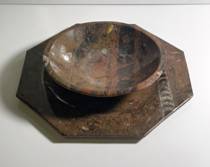 Vintage Fossil Marble Plate, Platter, Bowl, Octagonal Orthoceras Ammonite Polished Stone, Brown Beige