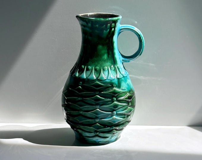 Vintage Ceramic Vase Übelacker "1651 20" 70s Fat Lava Green Turquoise Handle Vase Mid Century Glaze Scheurich Bay MF Karlsruhe Modernist