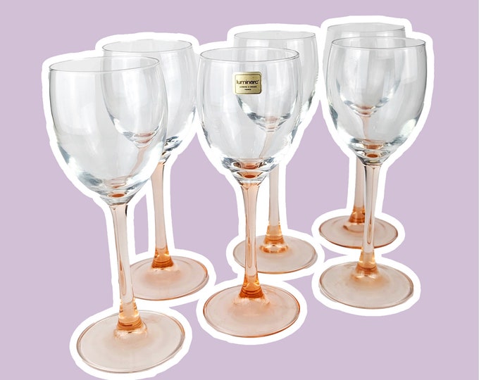 6 Luminarc France Wine Glasses Pink Stem Rosalin 80s Red White France