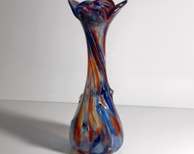Murano confetti glass flower vase, blue and orange speckled, 1970s mid-century vase, Italy