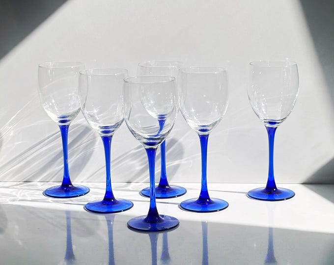 6 Vintage French Wine Glasses Crystal Glass Blue Luminarc 80s Blue Azure Light Blue Cobalt Ultramarine