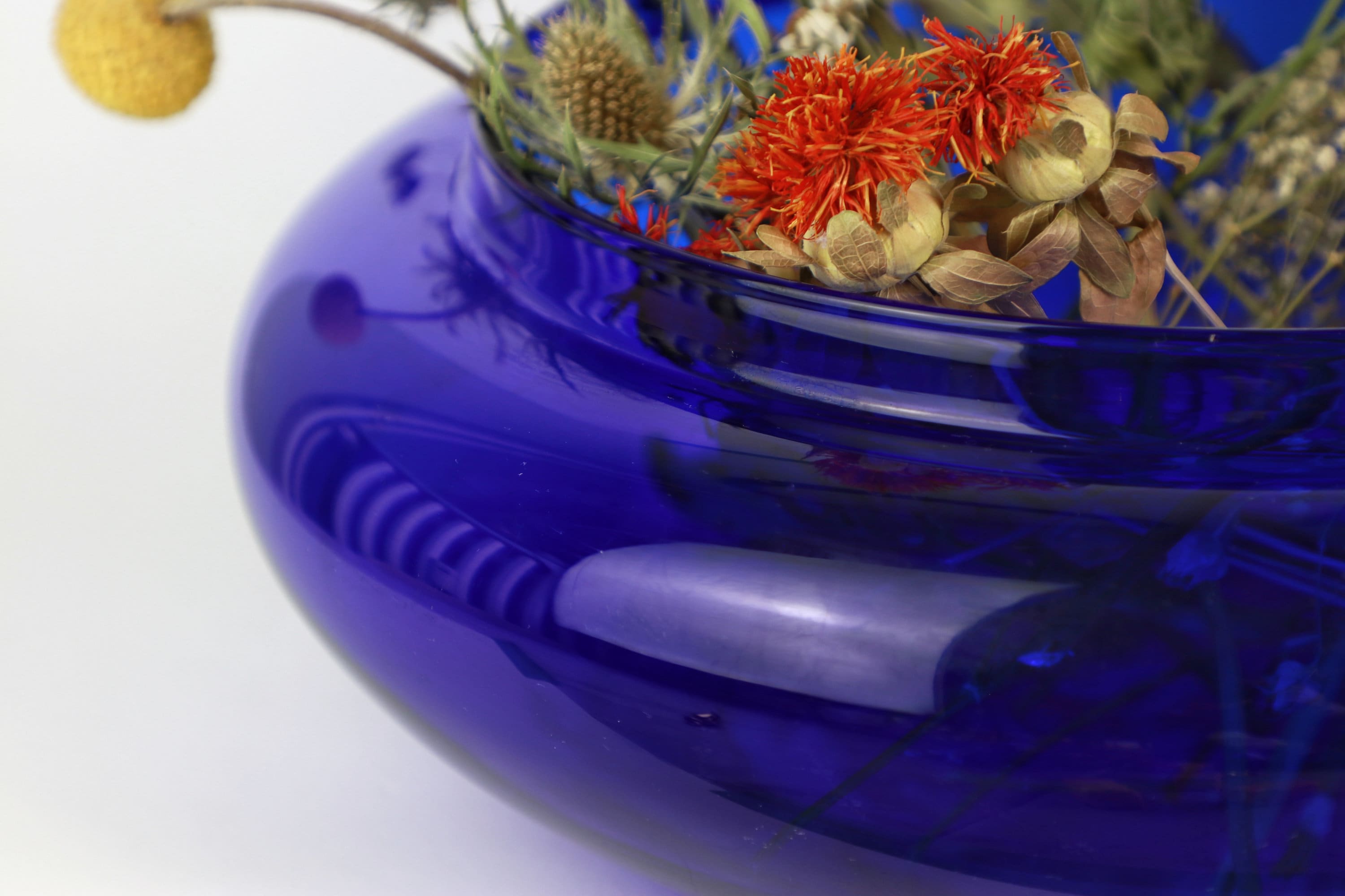 Large Vintage 90s 80s Cobalt Blue Glass Vase Bowl Circle Round Ball Flower Vase Lantern Y2K