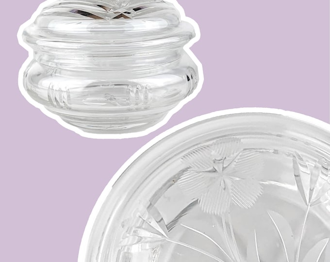 1930s Art Deco Crystal Glass Lidded Candy Dish Sugar Bowl Floral Cut Bauhaus 30s
