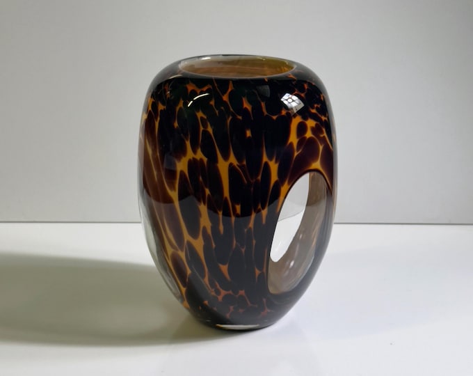 Vintage Tortoise Glass Vase Leo Tortoiseshell Murano Brown Spots 1980s