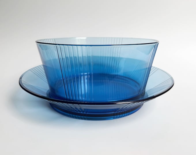 Vintage French Table Set Bowl 80s Art Deco Revival Cobalt Blue Glass Luminarc Arcoroc