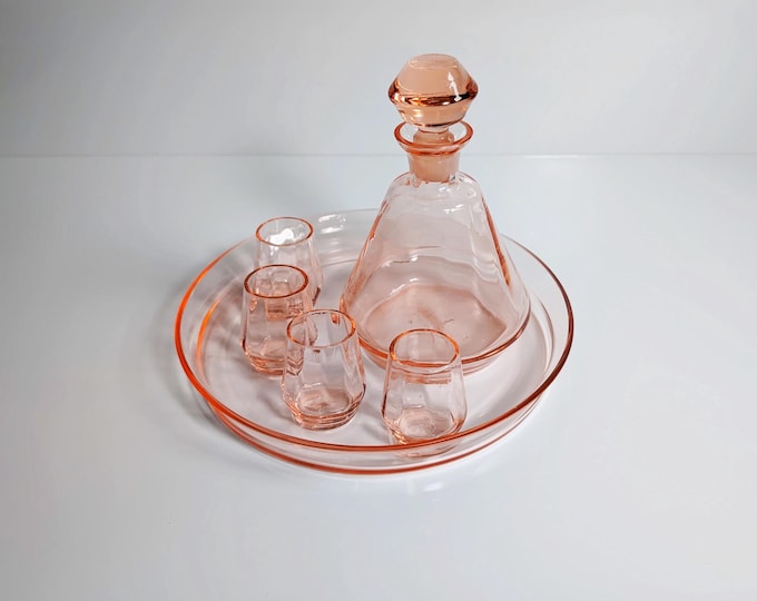 Art Deco Liqueur Set Schnapps Carafe Tray Glass Rosalin Pink 30s 20s Bauhaus