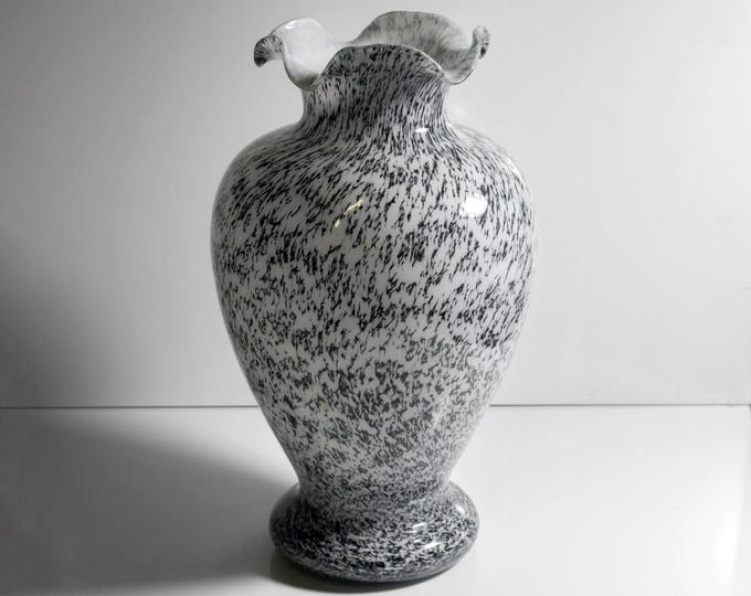 1980s Italian Murano Glass Vase Speckled Grey Milk Glass White Tortoise Tartaruga Cheetah Flowers 80s