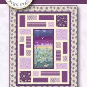 May include: A quilt pattern titled "Bee Maze" with a floral design. The quilt features a central panel with a landscape scene, surrounded by rectangular and square blocks in shades of purple and lavender. The quilt measures 70" x 90".