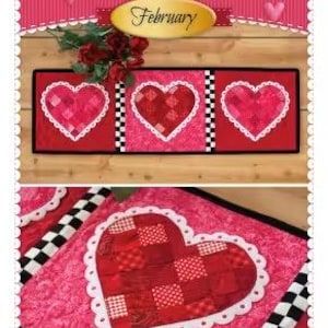 May include: A Valentine's Day patchwork accent runner featuring three heart designs with white scalloped edges. The runner has a red and black color scheme, with the word "Valentine" and "February" displayed.