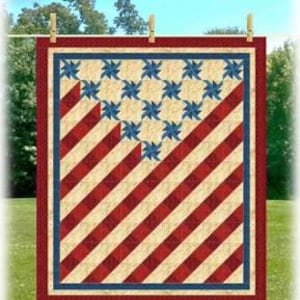 May include: A patriotic quilt with a red and white striped design and blue star accents. The quilt measures 67" x 79" and features the text "Home of the Brave". The quilt is displayed outdoors, hanging from a clothesline.