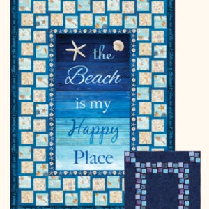 May include: Quilt pattern for a "Corner to Corner" quilt featuring a beach theme with the text "*the Beach is my Happy Place". The pattern includes three basic layouts and multiple recipe variations. The quilt is 50 inches by 68 inches.