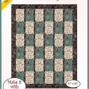May include: Quilt pattern for a "Lickity Split" quilt. The pattern features a checkerboard design with a brown border. The quilt is 47 inches by 60 inches and requires 3 yards of fabric.