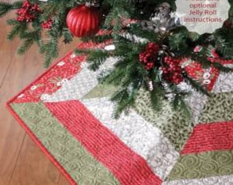 May include: A red, green, and white quilted Christmas tree skirt with a "Holly Jolly Tree Skirt" title and "a bright corner" logo. The skirt is made in three sizes and includes optional jelly roll instructions.