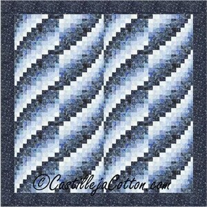May include: A blue and white quilt with a diagonal pattern. The quilt features a patchwork design with varying shades of blue and white squares. The border is a dark blue floral pattern. The text "CastillejaCotton.com" is visible.