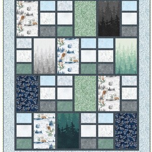 May include: A quilt pattern called "Divisions" with a pieced design. The quilt features a variety of fabrics with owls, trees, and geometric patterns in shades of blue, green, and gray.
