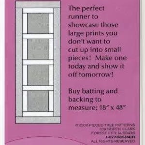 May include: A pink card with the text "Around the Block" and a diagram of a quilt block design. The finished size is 15 1/2" x 44". The card also includes the text "Pieced Tree Patterns".