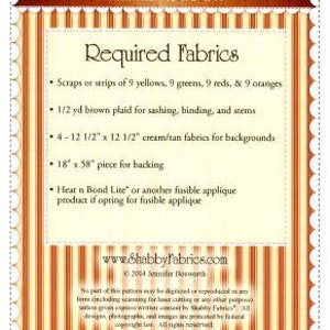 May include: A printable pattern for a patchwork maple leaf table runner. The pattern requires scraps of fabric in yellow, green, red, and orange, as well as brown plaid fabric for sashing, binding, and stems. The finished size of the table runner is 12 1/2 inches by 55 inches.