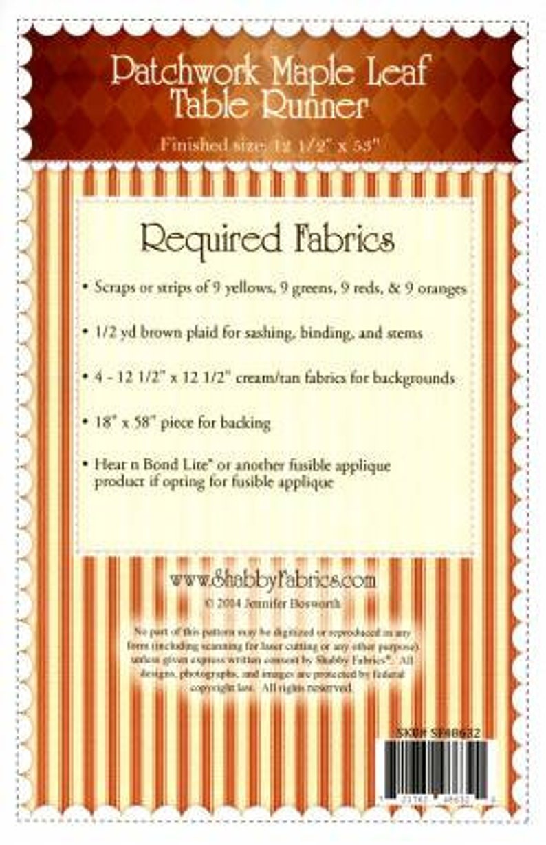 May include: A printable pattern for a patchwork maple leaf table runner. The pattern requires scraps of fabric in yellow, green, red, and orange, as well as brown plaid fabric for sashing, binding, and stems. The finished size of the table runner is 12 1/2 inches by 55 inches.