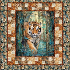 May include: A-Maze-Ing quilt pattern featuring a tiger walking through a forest. The pattern includes a border of tiger faces and a checkered border. The text "A-Maze-Ing" and "A Sized Panel Quilt" is at the top of the image. The text "Quilting Renditions" and "My Design...Your Beautiful Rendition" is at the bottom of the image.