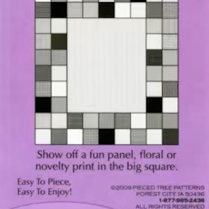 May include: A purple and white quilt pattern with the text "Panel Perfect" and "Finished Size: 41" x 45 1/2". The pattern features a grid design with a large central square and smaller squares in black, white, and gray.
