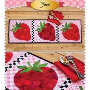 May include: A patchwork accent runner with a strawberry theme. The runner features three large red strawberries with green leaves on a pink and black checkered background. The text "Strawberries" and "June" are also visible.