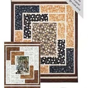 May include: A quilt pattern titled "Sliding Screens" by Canuck Quilter Designs. The design features a large quilt with a geometric pattern in shades of brown, black, and beige. The dimensions are 54 ½" x 70 ½".
