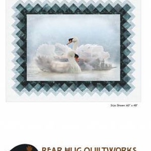 May include: A quilt pattern featuring two white swans swimming in a misty blue lake. The pattern is framed by a dark blue and light blue diamond border. The title "SOLSTICE" is printed at the top of the page. The text "Size Shown 60" x 48" is printed at the bottom of the page.
