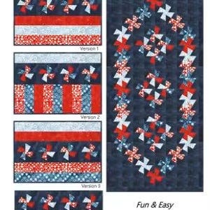 May include: A quilting pattern featuring four versions of placemats and a runner, with a patriotic theme. The designs incorporate red, white, and blue fabrics, with pinwheel and stripe patterns. The text reads "Twister Sisters Strip & Twist" and "Fun & Easy".