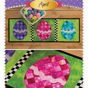 May include: Patchwork Easter Egg table runner with a green background and black and white checkered border. The runner features three large patchwork Easter eggs in purple, pink, and blue.
