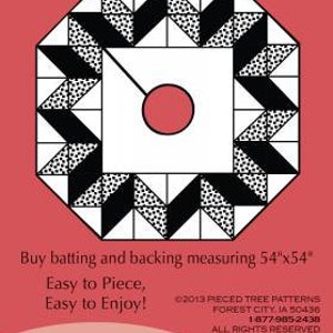 May include: A black and white quilt pattern for a tree skirt star. The pattern is for a 48 1/2 inch by 48 1/2 inch tree skirt. The pattern includes instructions for piecing the quilt blocks. The text on the pattern reads "Tree Skirt Star", "Finished Size: 48 1/2" x 48 1/2"", "Buy batting and backing measuring 54"x54"", "Easy to Piece, Easy to Enjoy!", "©2013 Pieced Tree Patterns", "Forest City, IA 50436", "1-877-985-2438", "All Rights Reserved", "Pieced Tree Patterns", "www.piecedtreepatterns.com", "TINY90".